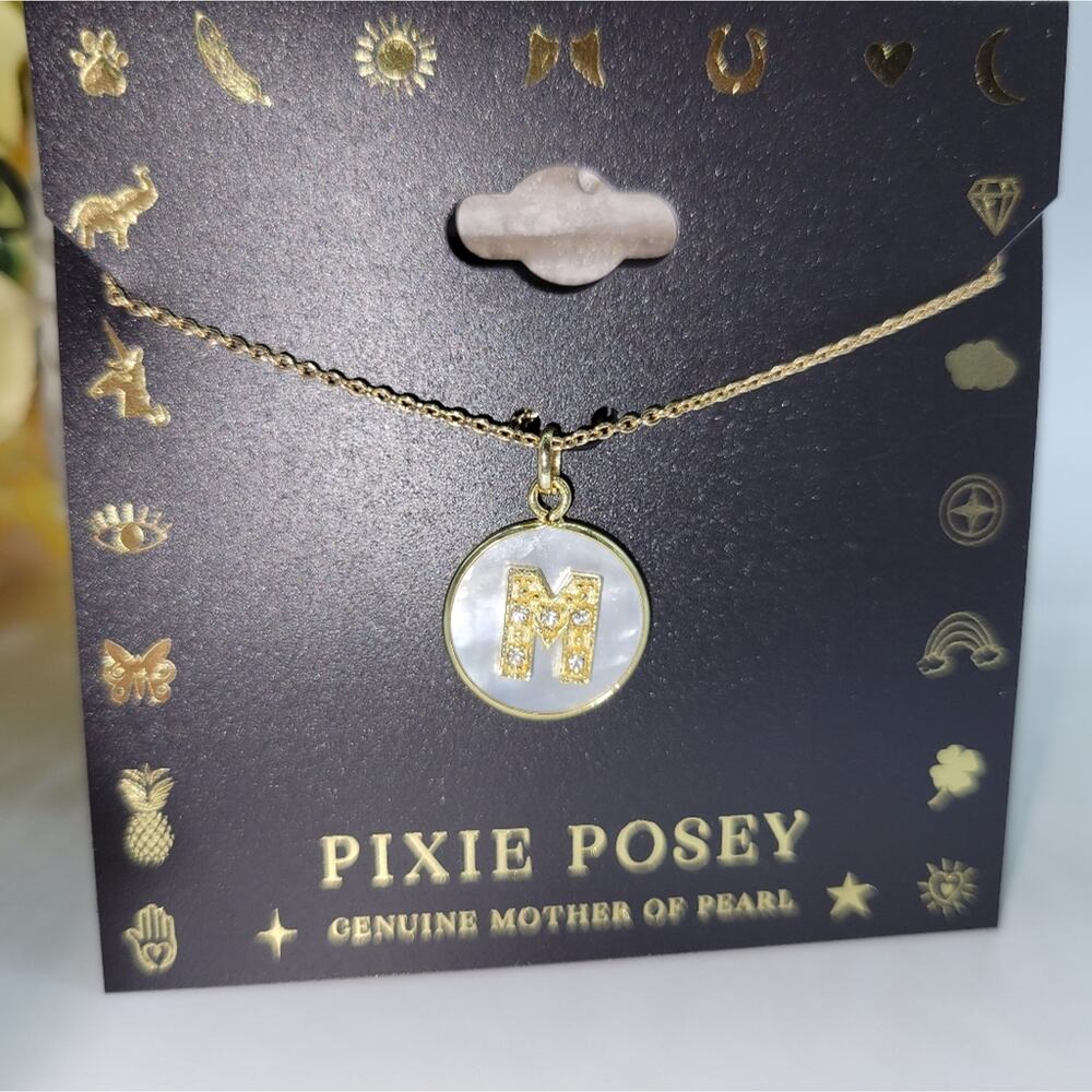 Pixie Poxie genuine mother of pearl pendant necklace, M initial, New with tags